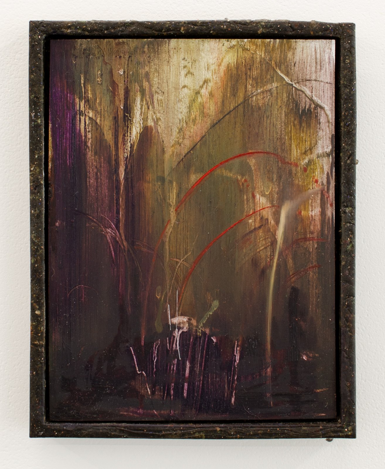  Muddy light in a pool,   2021, Oil on aluminium, lichen, moss, coloured silver leaf and resin frame, 220 x 165 x 20 