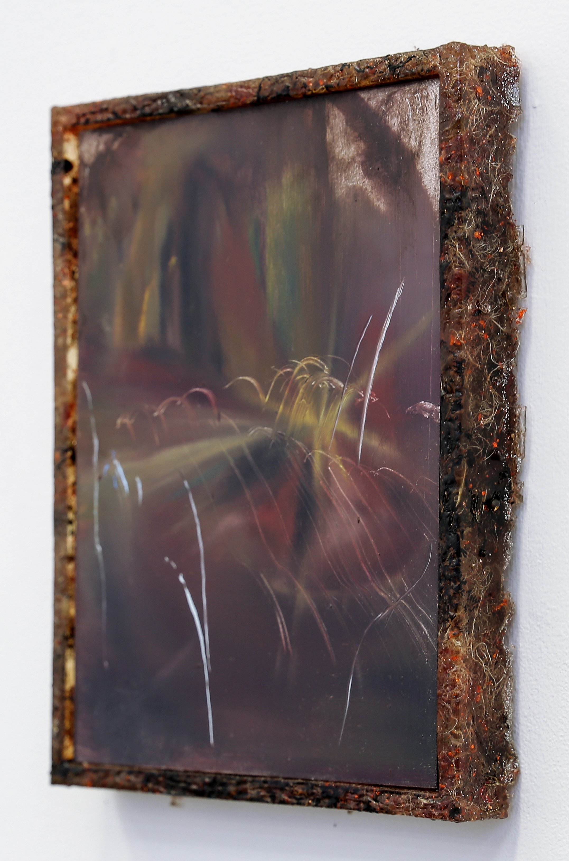  Socket (side view,) 2022, oil on aluminium, lichen, tarseal, silver leaf and resin frame, 210 x 165 x 20  Photo credit: Vicki Piper 