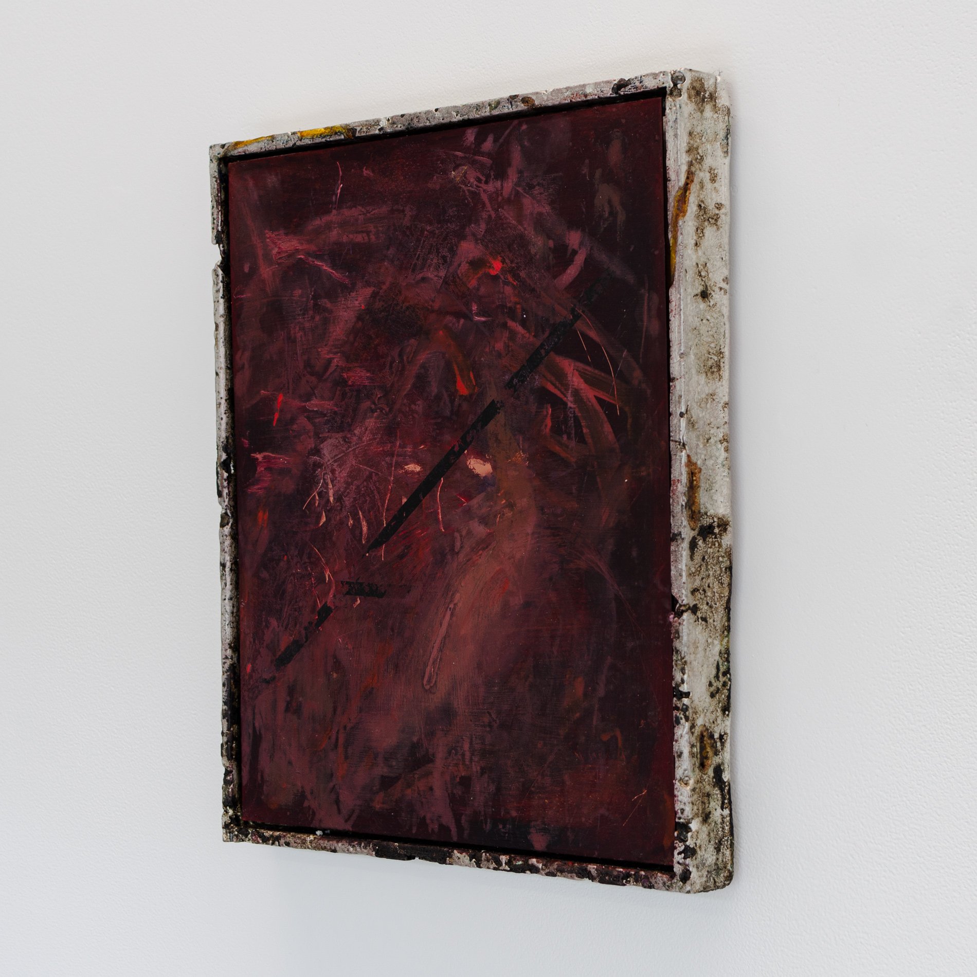  Sprawl, oil on copper, pewter, clothesline and bitumen frame, 330 x 275 x 20mm 