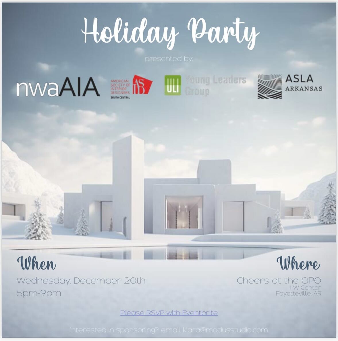 Please join us for our holiday party on December 20th at Cheers in Fayetteville! We will be joining our allied professions of Architecture, Interior Design, and Urban Design - and their respective organizations @nwaaia @sc_asid and @uli.nwa. Looking 