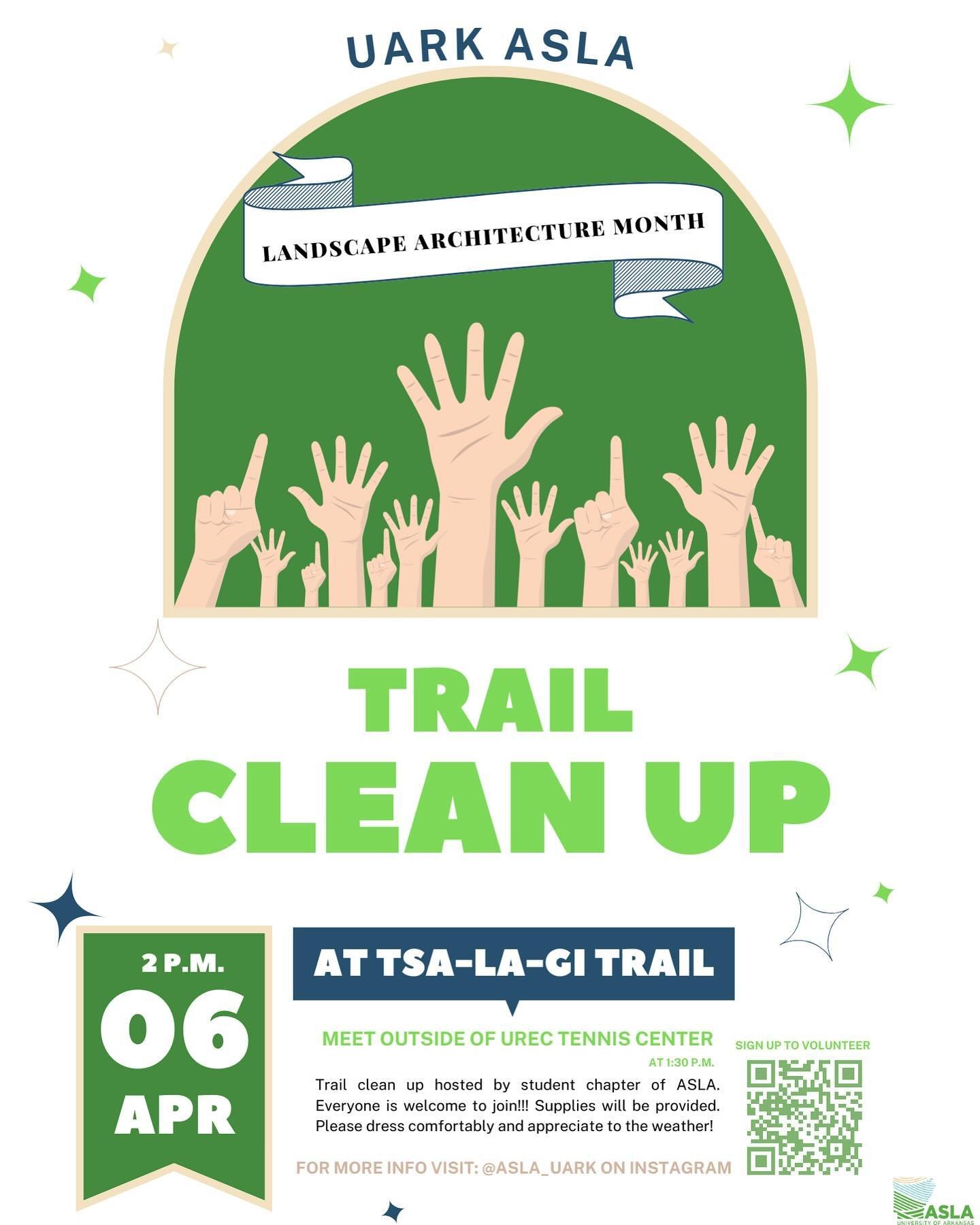 Today&rsquo;s prompt for #WLAM2024 is Community Green Space. @asla_uark is hosting a trail cleanup of the TSA-LA-GI trail in Fayetteville! All are welcome to join. Please see flyer for details and help keep our community green spaces clean! #WLAM2024