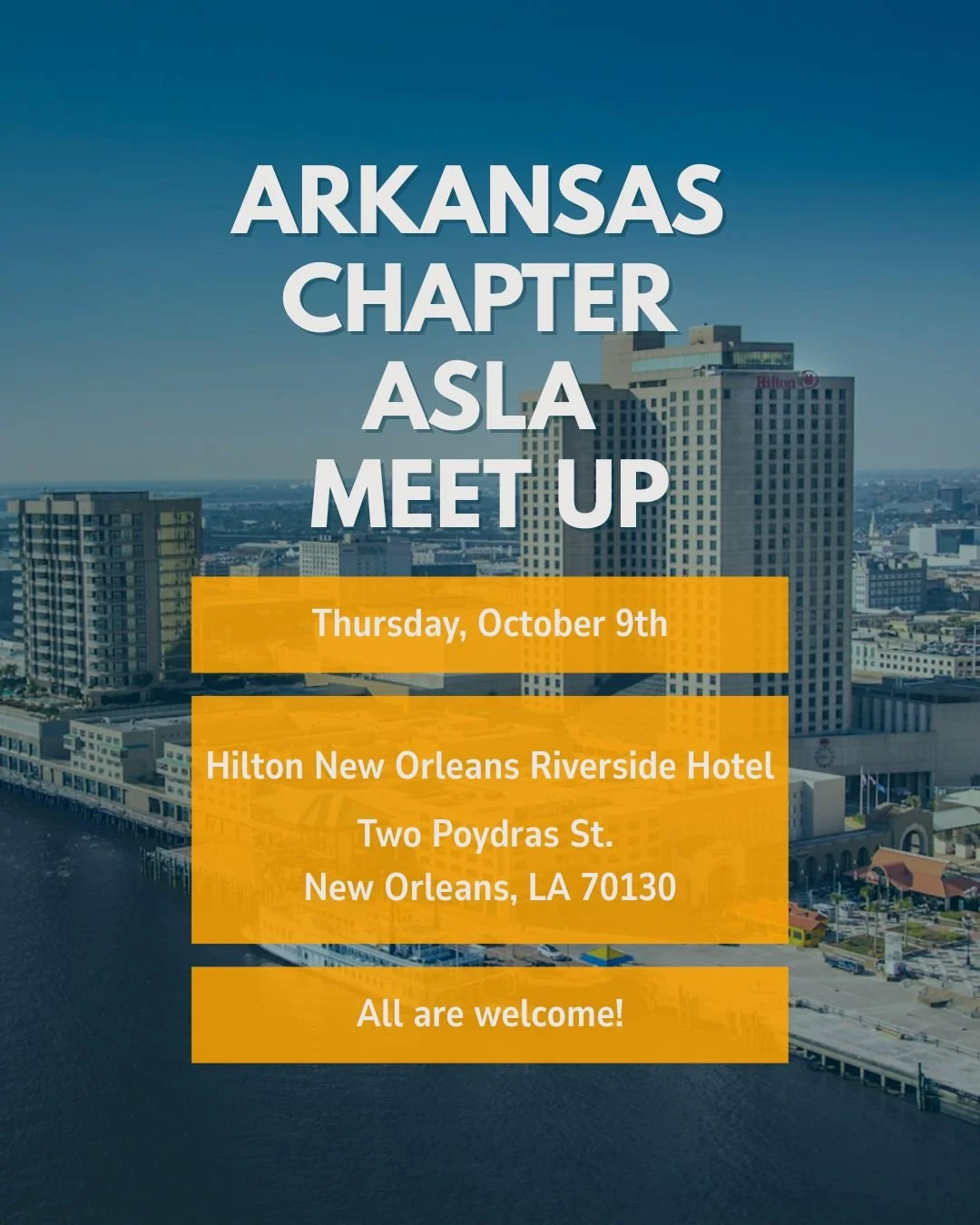 Stop by and say hi for a casual get-together at the Hilton New Orleans Riverside Hotel lobby bar on Thursday, October 9th at 6:00pm! It&rsquo;s the perfect spot to connect, share a drink, and catch up with friends and colleagues.

The lobby bar has p