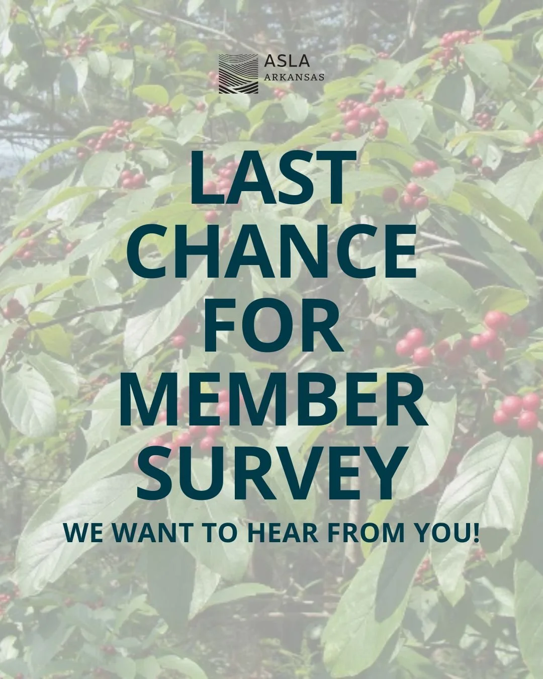 📣 Last chance to provide your feedback! The Arkansas ASLA Membership Survey will be closing soon. Your input is invaluable in shaping our chapter&rsquo;s priorities, programs, and member experience.

Take a few minutes to share your thoughts by visi