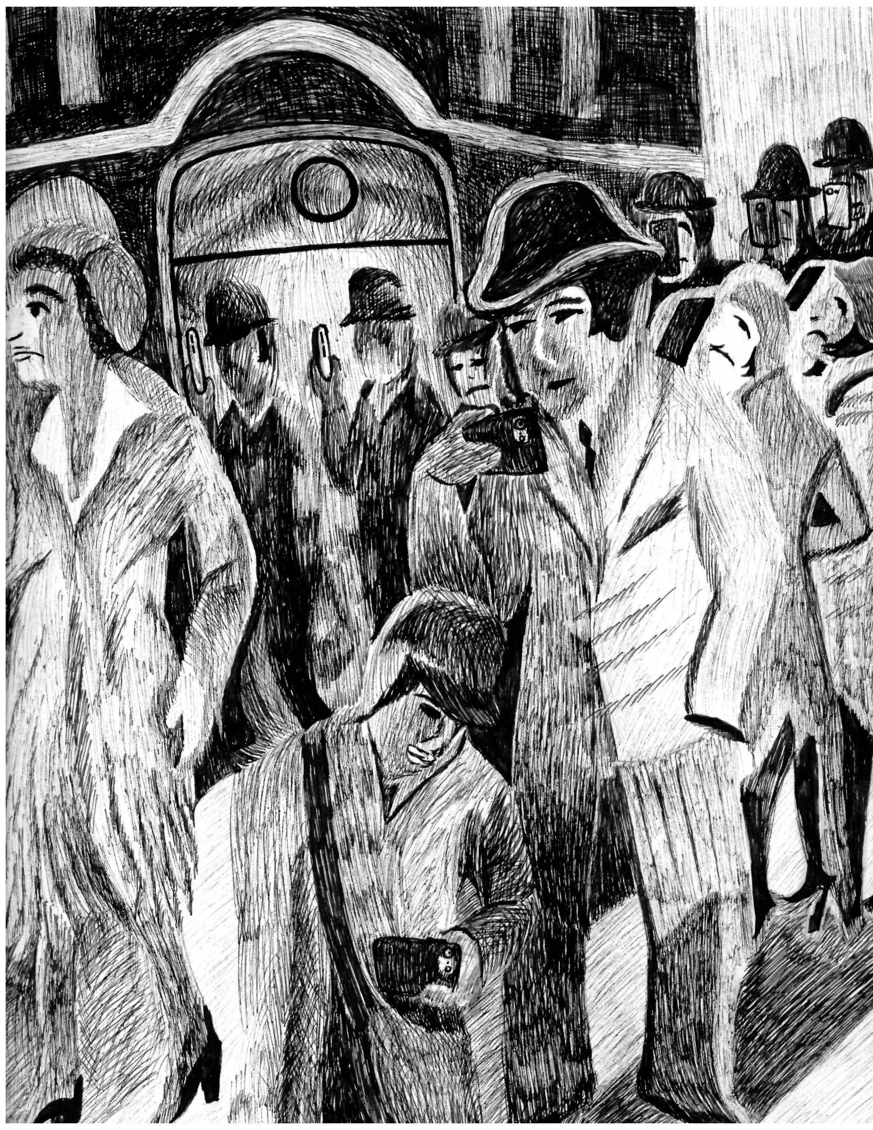 Street with Passengers x 2015, 12" x 9" pen on paper 2015