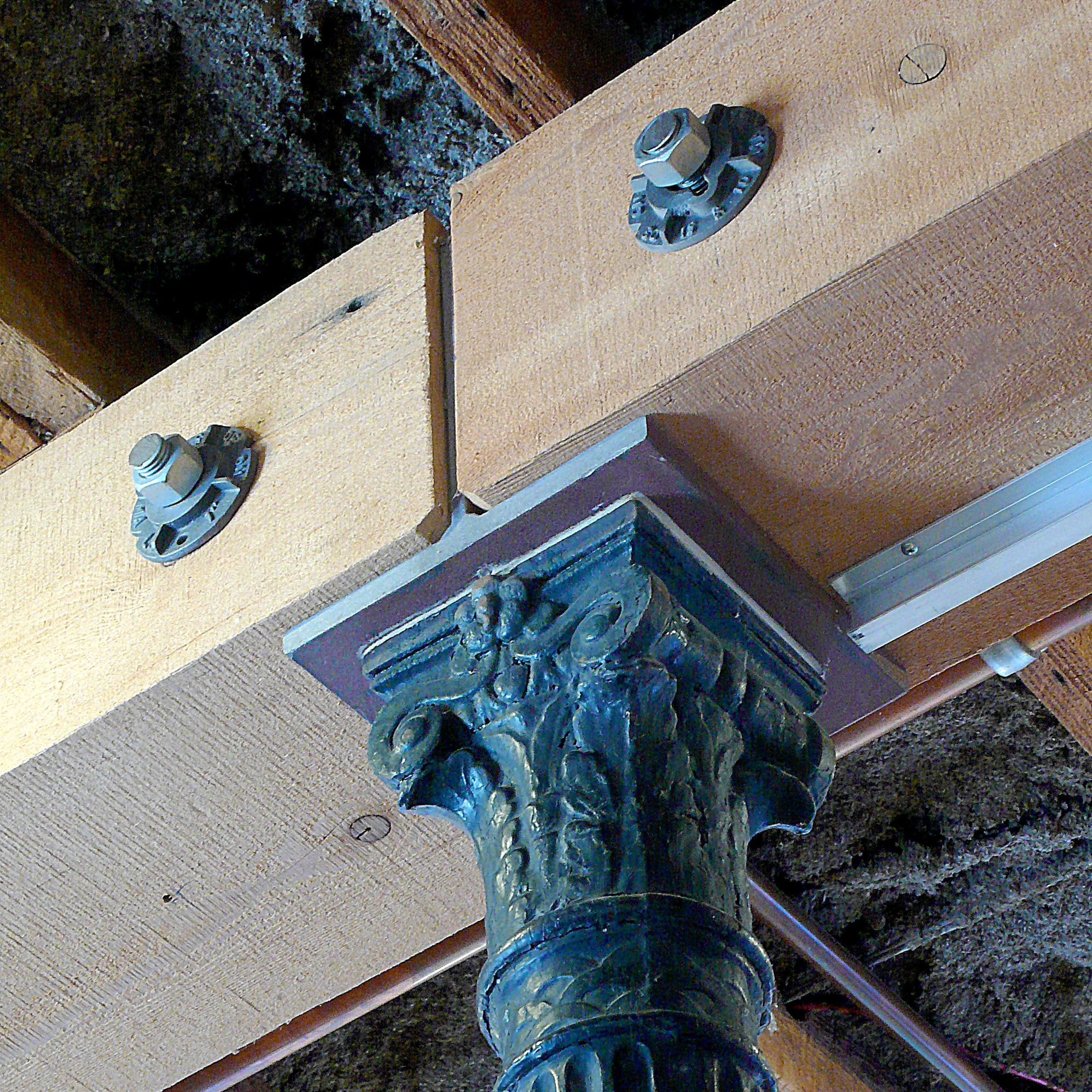 Detail of post and beam connection, cast-iron columns were reclaimed