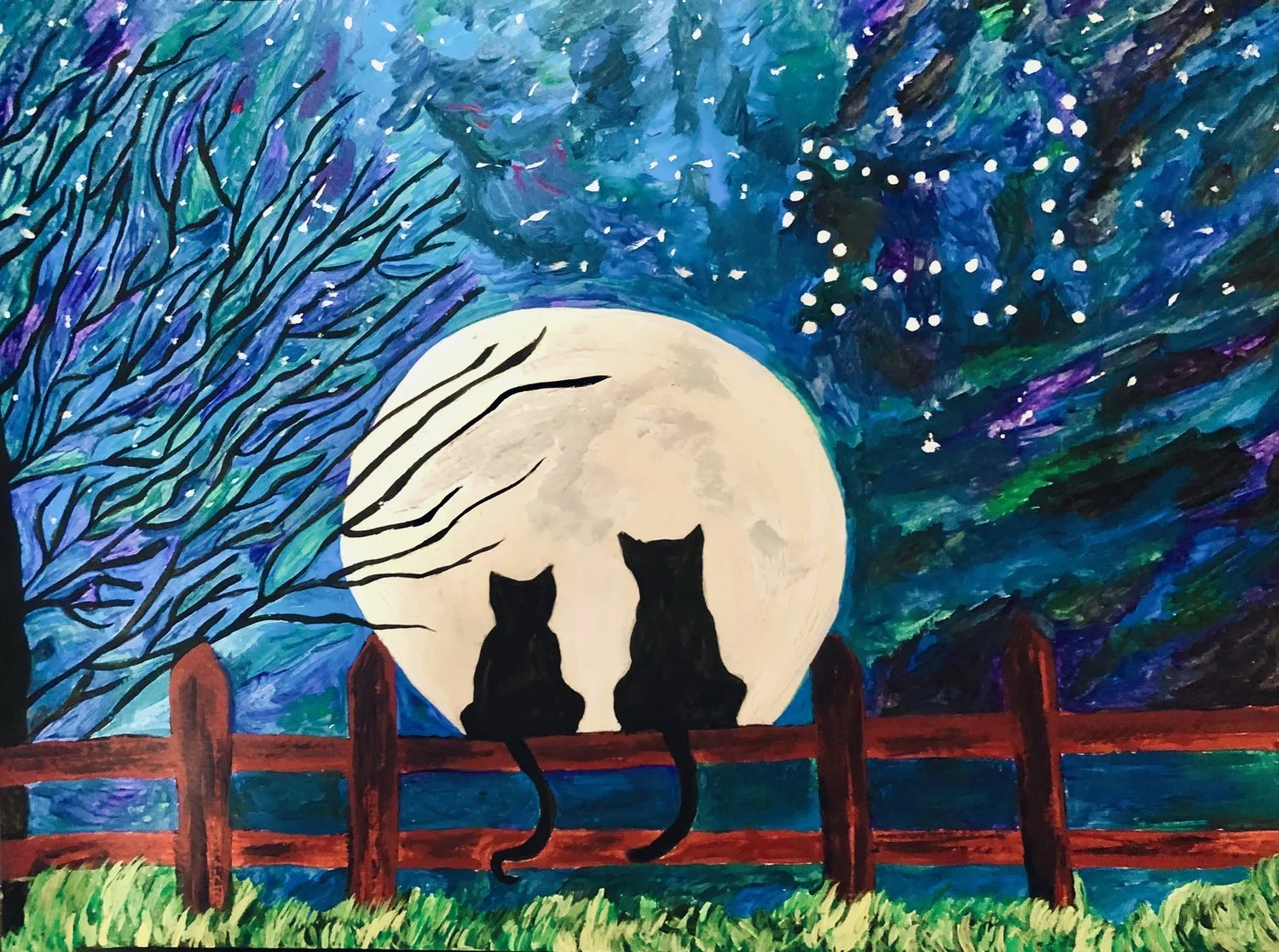 SOLD - Cats on fence at night - Original Acrylic Painting