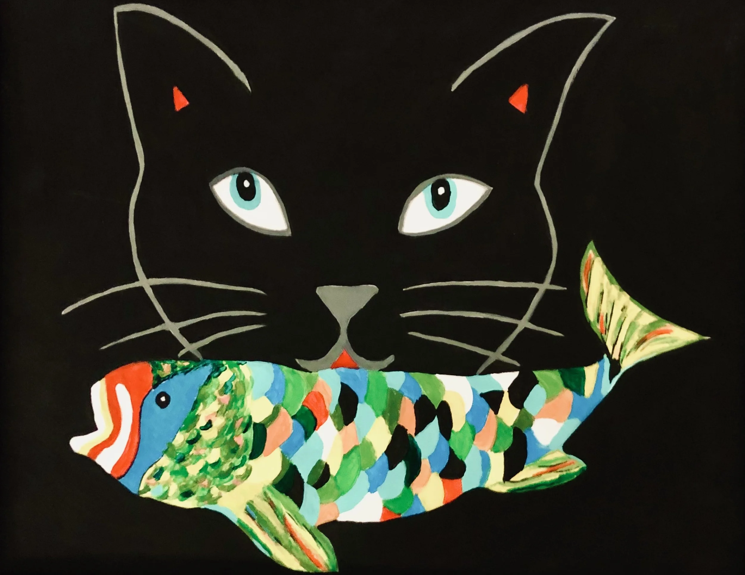 Black Cat with fish - Original Acrylic Painting