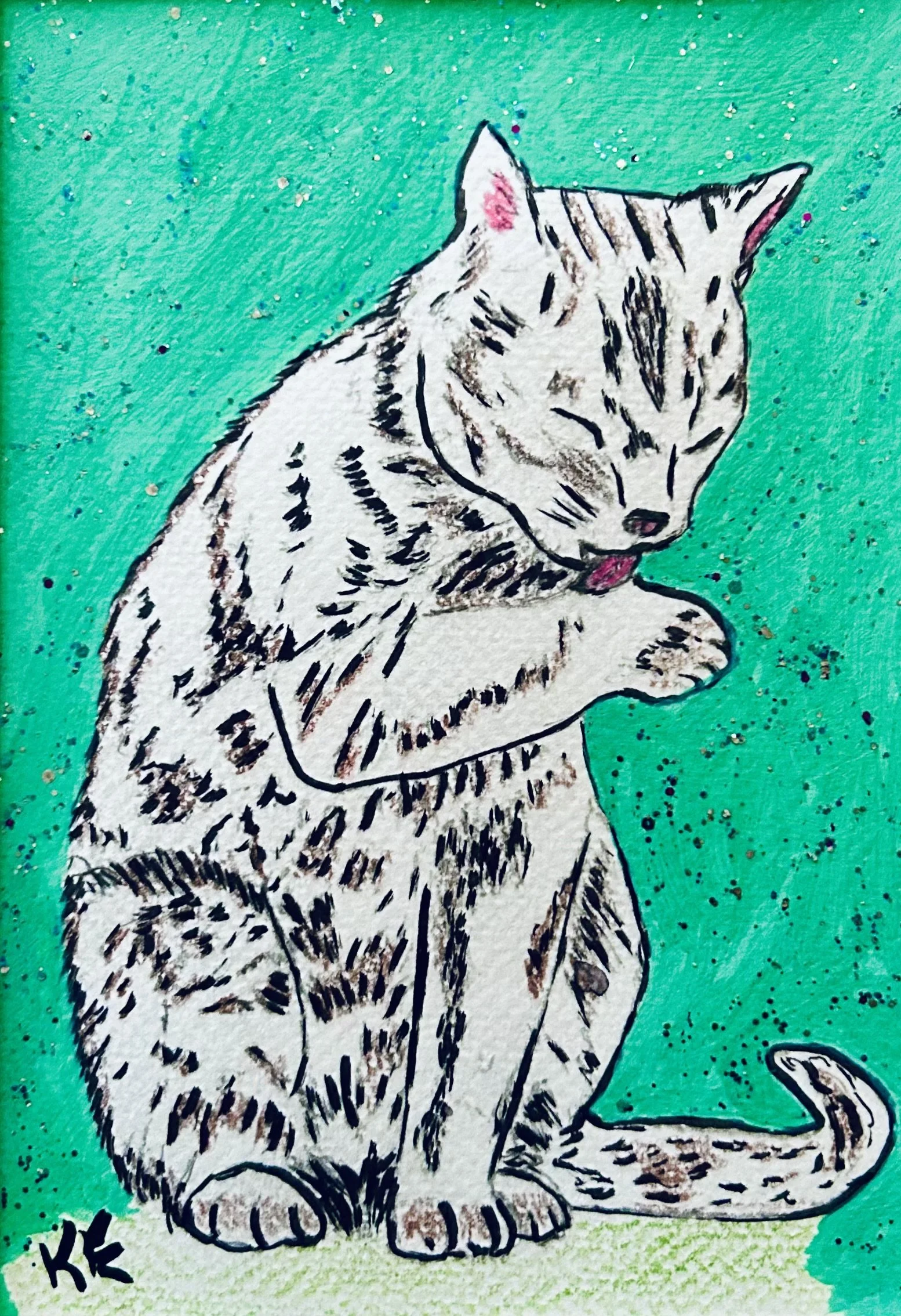 New - Cleaning kitty - Original painting