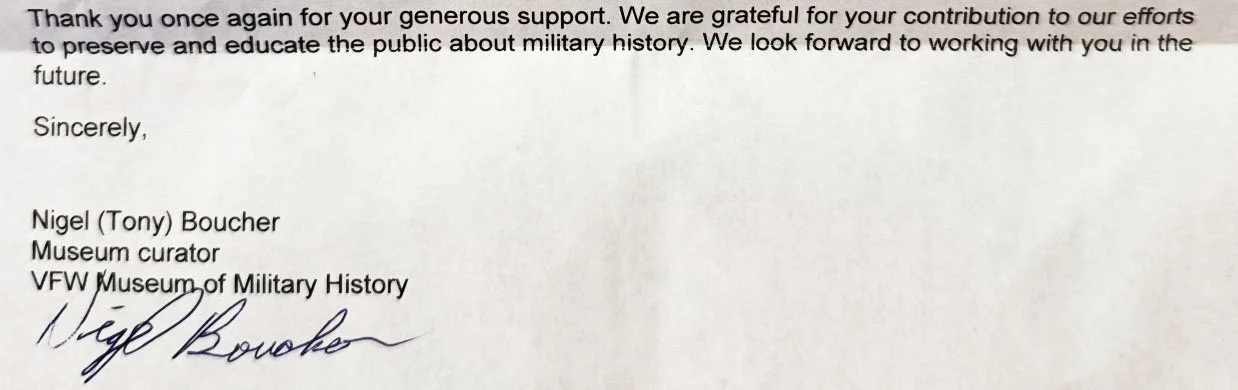 Official letter of thanks from the VFW Military History Museum for magician Christopher Moro