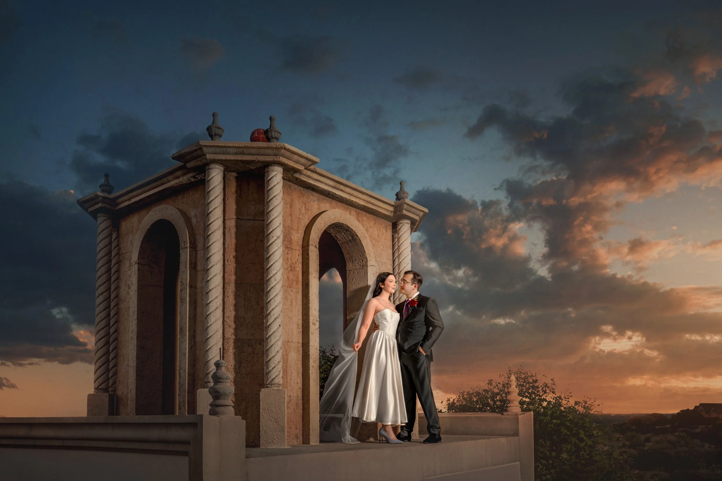 Bride and groom at sunset at Stoney Ridge Villa in Azle, Texas
