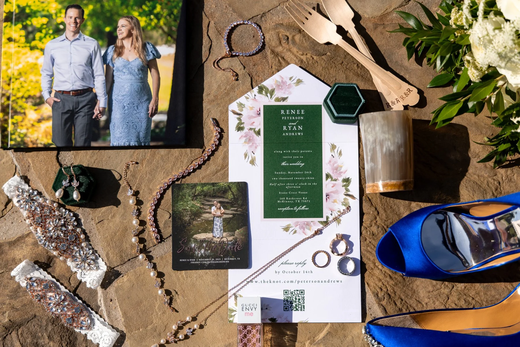 Wedding invitation, jewelry, shoes, and personal details photographed for a Stone Crest Venue wedding near McKinney, TX.