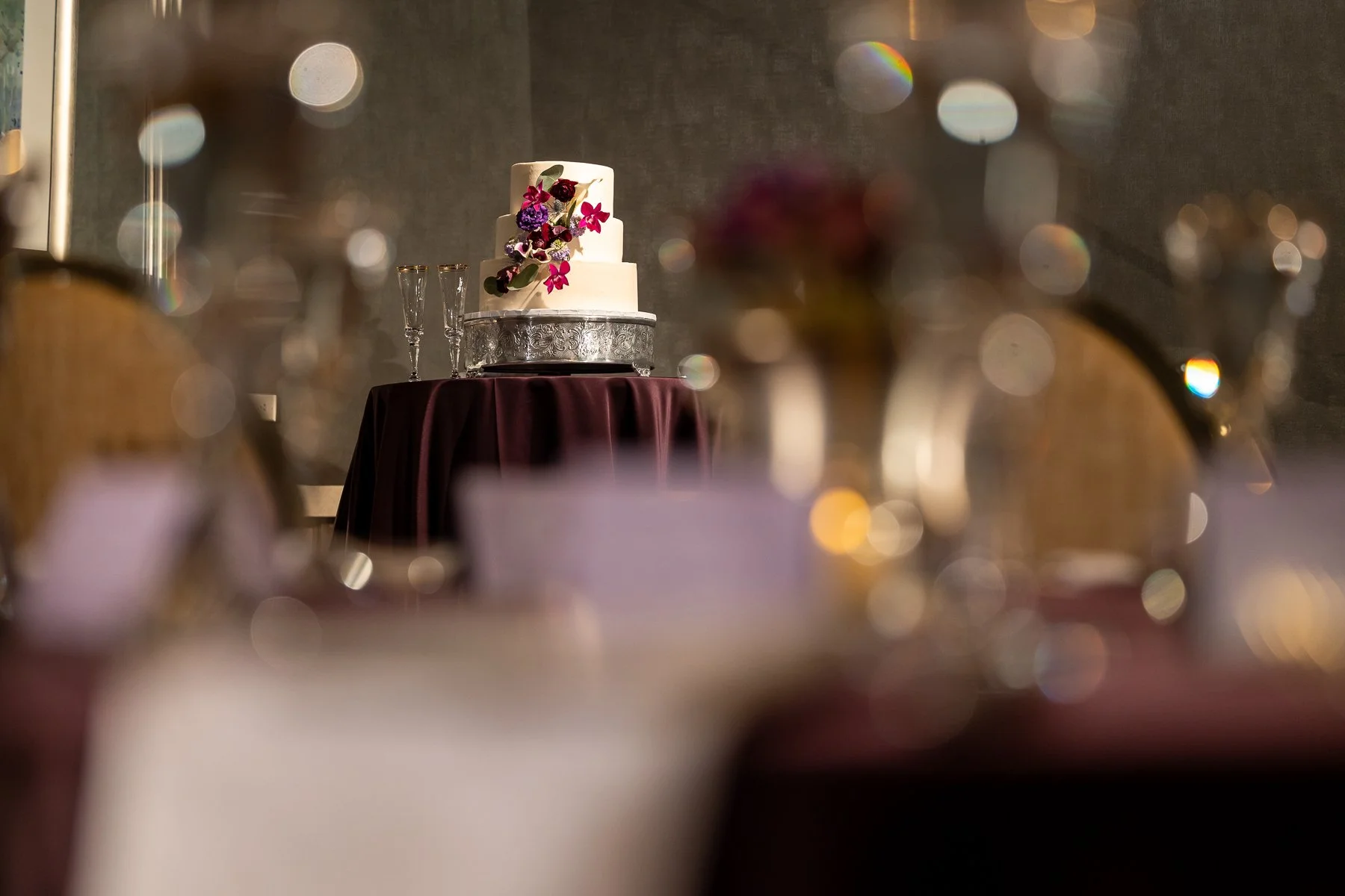 Wedding cake photographed with creative composition during an Omni Dallas Hotel reception