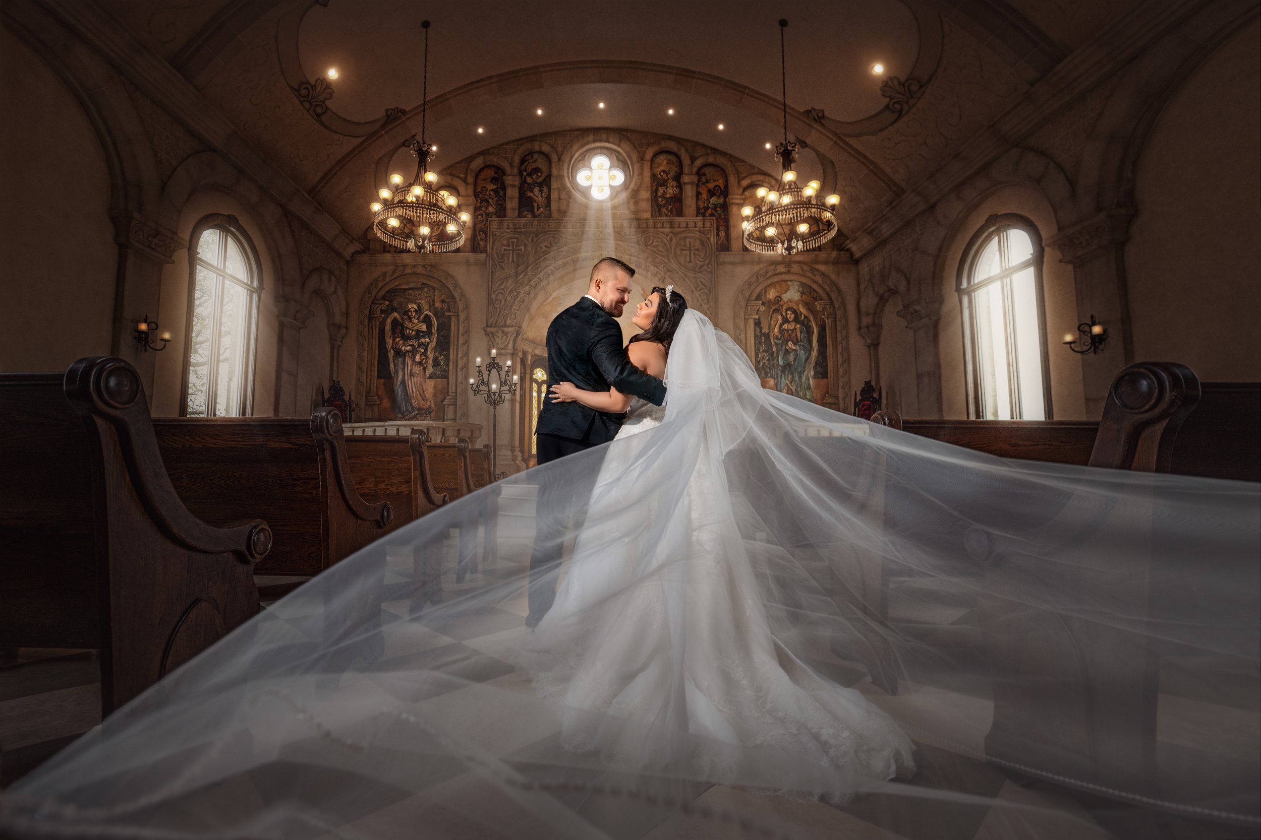 Bride and groom inside Bella Donna Chapel in McKinney, Texas