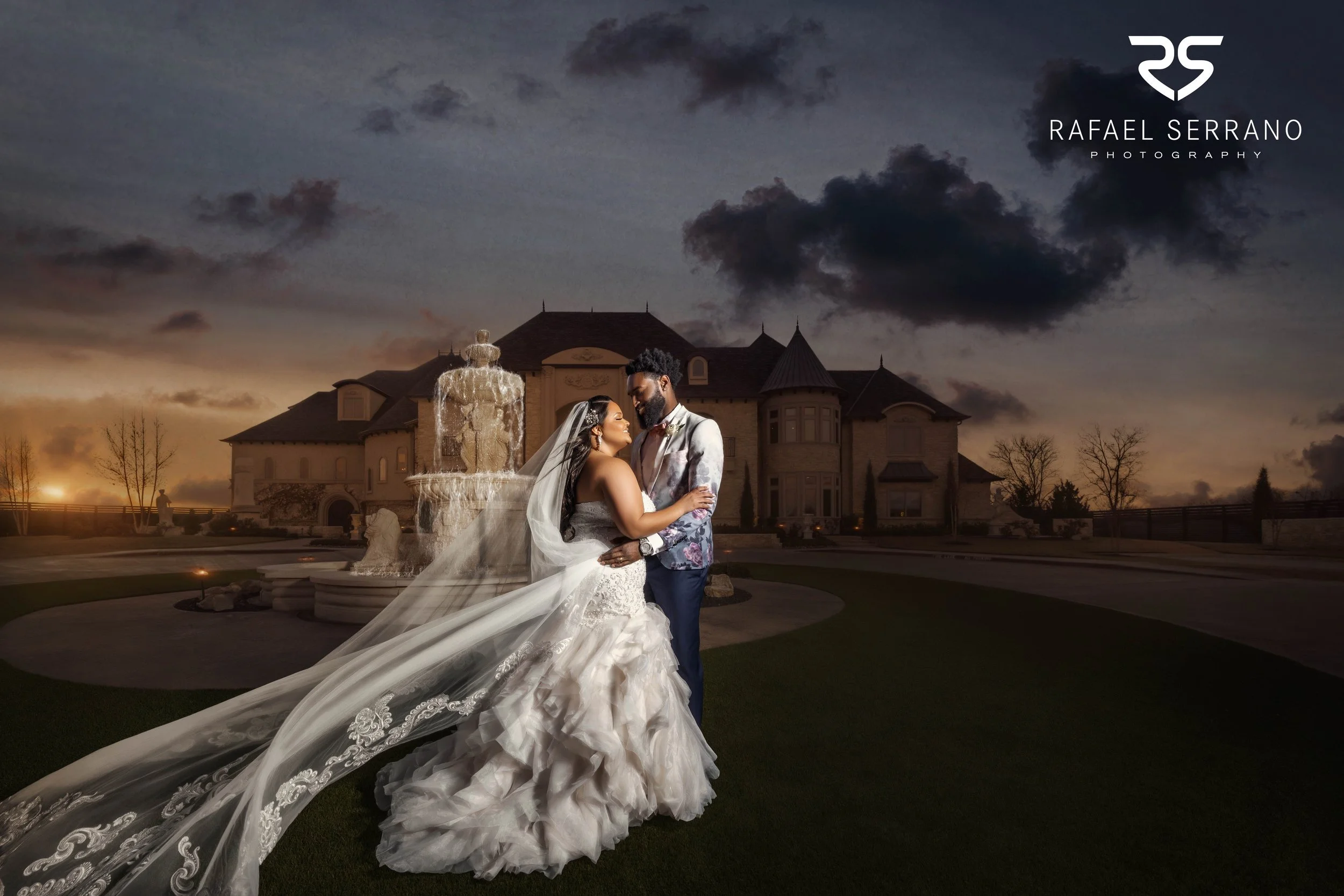 Bride and groom at sunset by the fountain at Knotting Hill Place in Little Elm, Texas