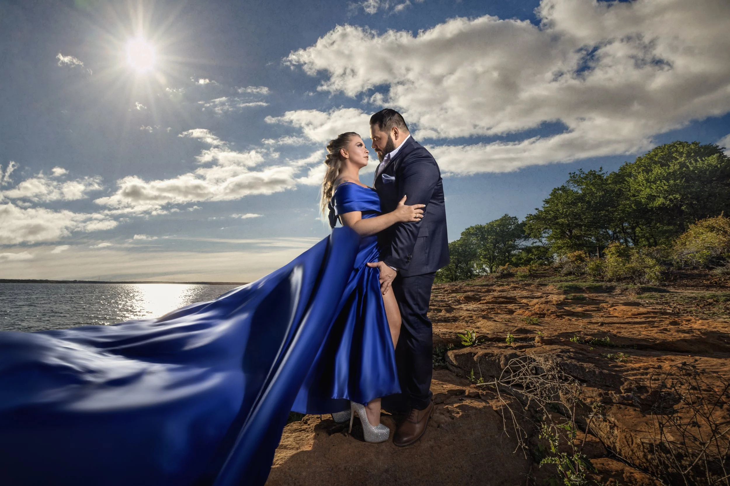 Couple at a romantic waterfront proposal location in Dallas–Fort Worth