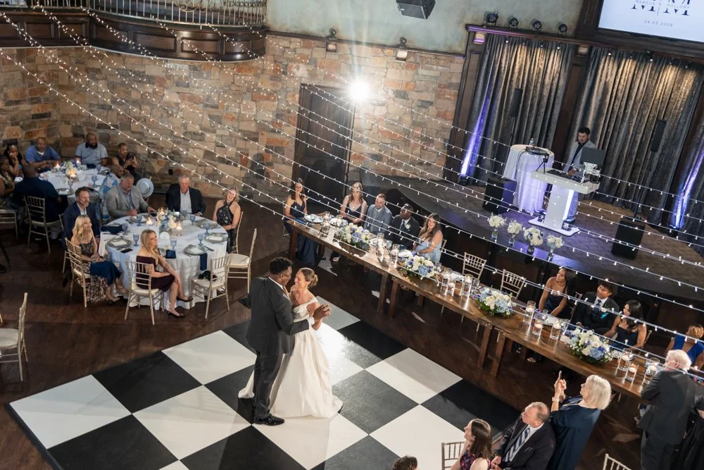 Elevated view of Mallory and Marcus’s first dance at The Sanctuary.