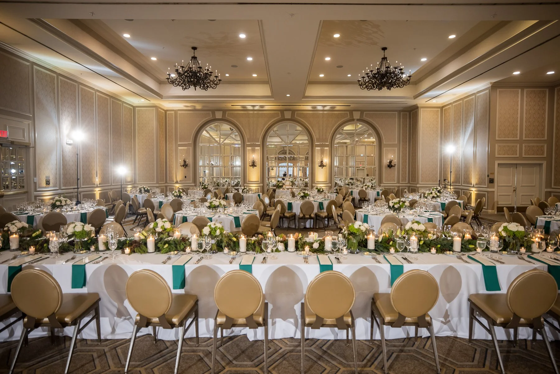 Wedding reception setup inside the ballroom at The Adolphus Hotel in downtown Dallas
