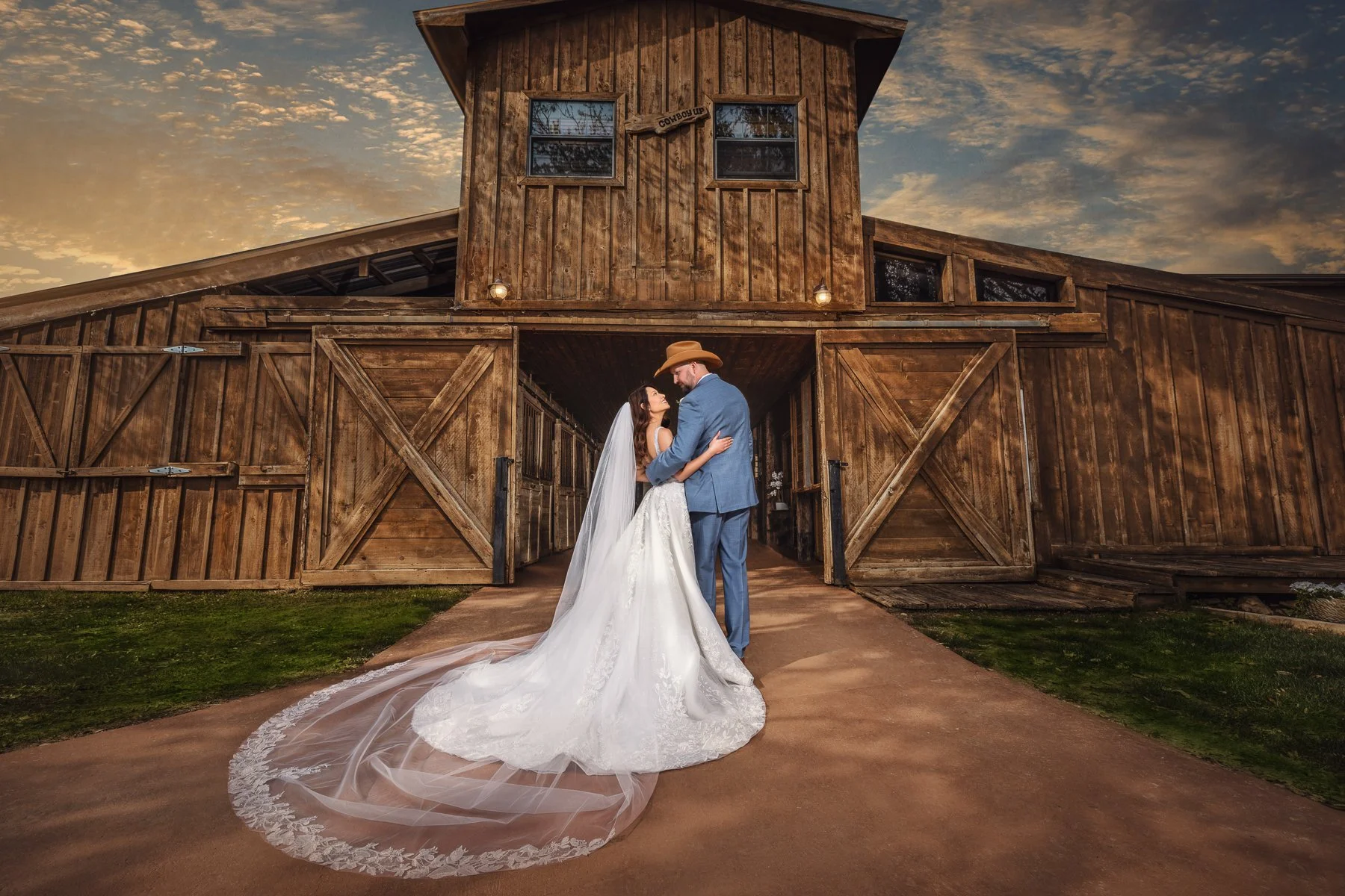 Bride and groom wedding portrait outside Lucky Spur Ranch in Justin, Texas.