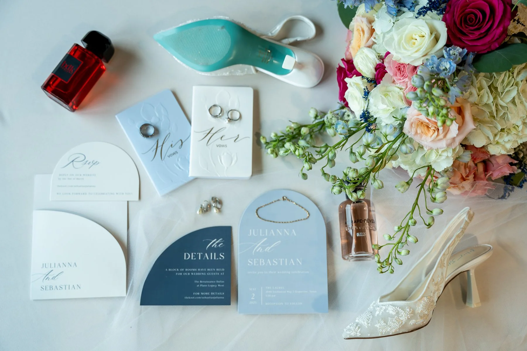 Wedding invitations, rings, shoes and bridal bouquet at The Laurel in Grapevine.