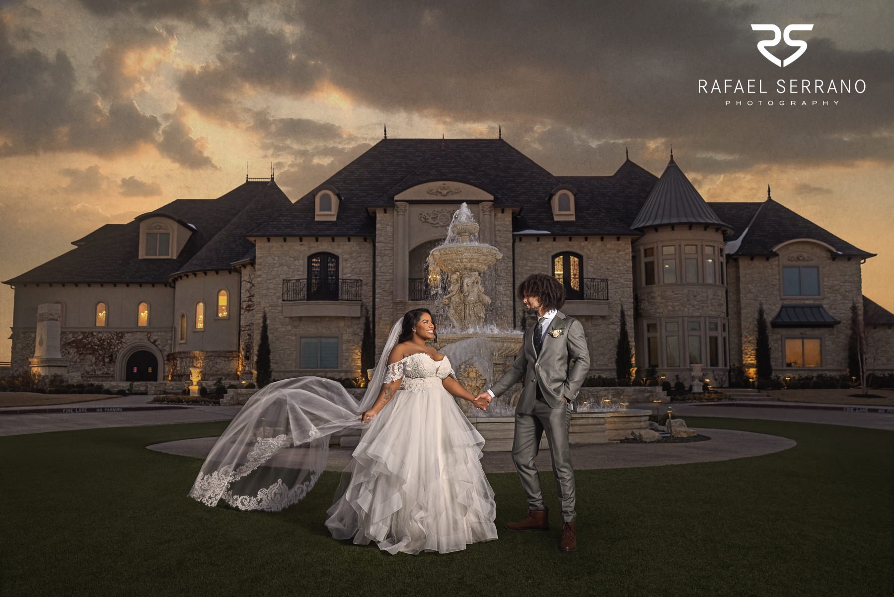 Bride and groom wedding portrait in front of Knotting Hill Place in Little Elm, Texas, photographed by Rafael Serrano Photography.