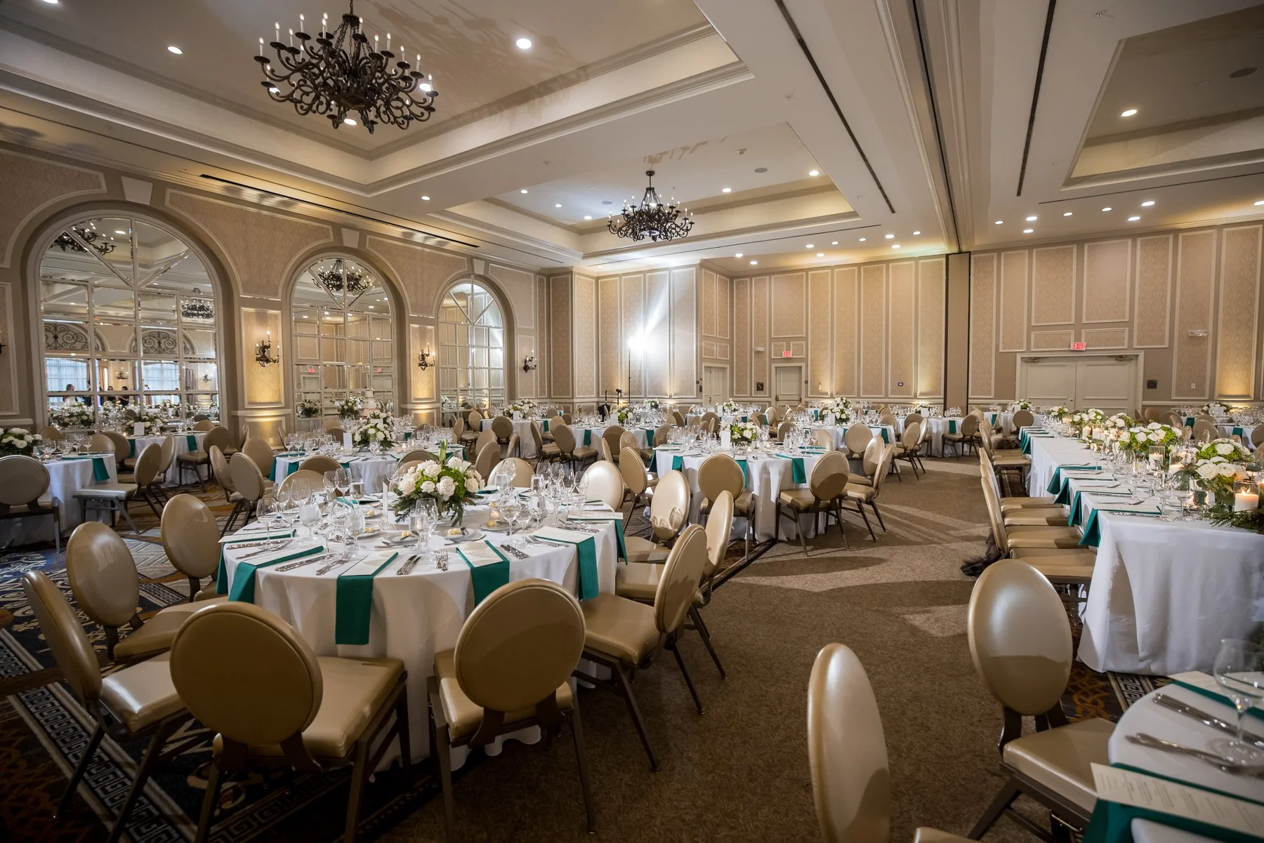 Elegant wedding reception ballroom setup at The Adolphus Hotel in downtown Dallas