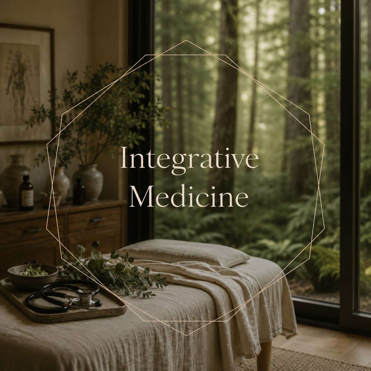 A cozy room with a massage bed, wooden furniture, and a large window showing a forest outside. The window has a view of tall trees and greenery.