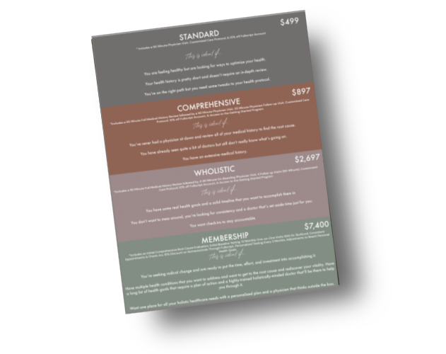 Pricing table for health plans labeled Standard, Comprehensive, Wholistic, and Membership with costs $499, $897, $2,697, and $7,400 respectively, on a dark background. DR. MICHELE BURKLUND PRICING KIT
