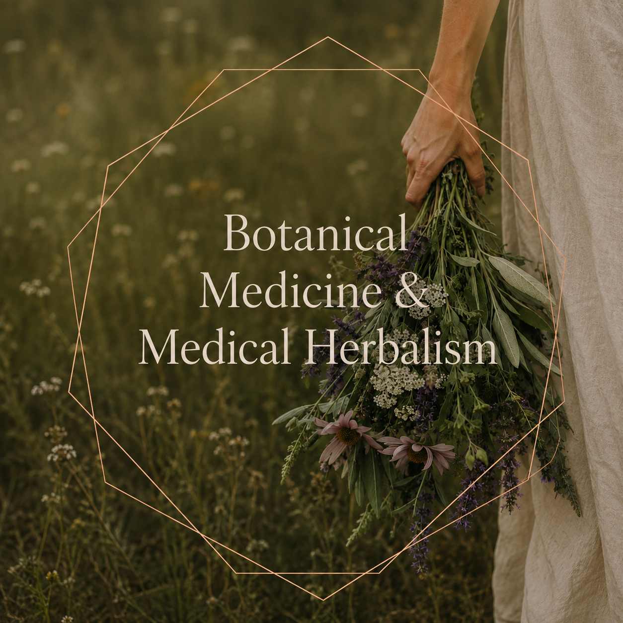 Person holding a bouquet of various herbs and flowers in a field, with the text 'Botanical Medicine & Medical Herbalism' overlaid.