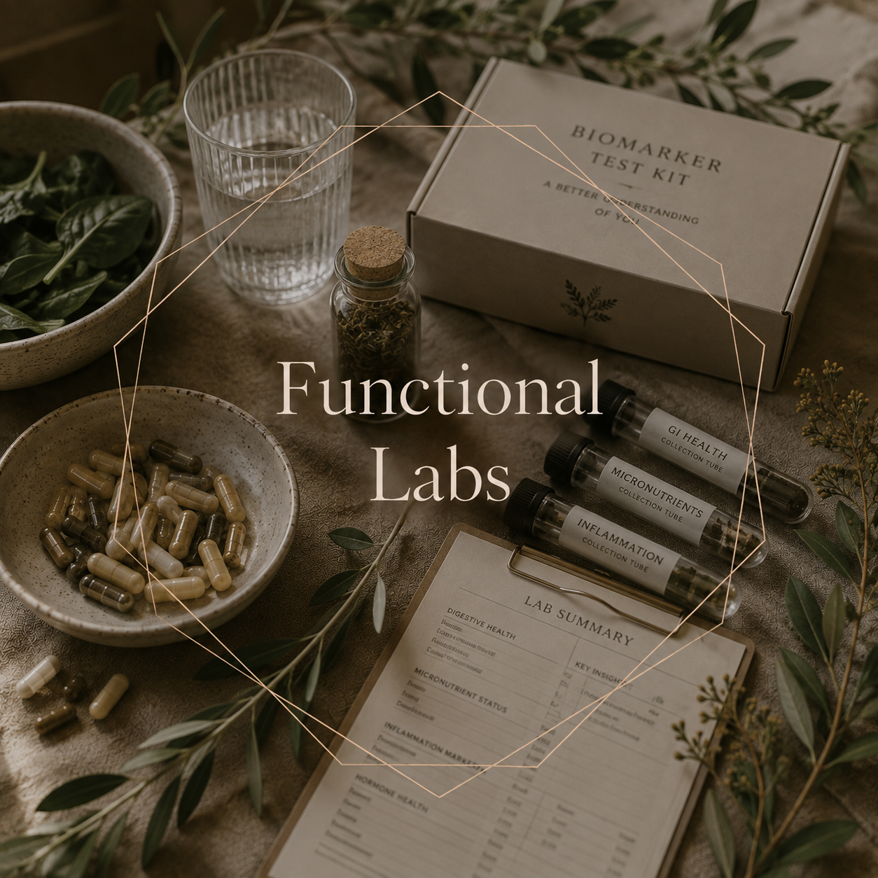 Arrangement of health and wellness lab items including capsules, test tubes labeled GI health, micronutrients, inflammation, a lab summary form, a biomarker test kit box, a glass of water, and plant leaves on a textured surface.