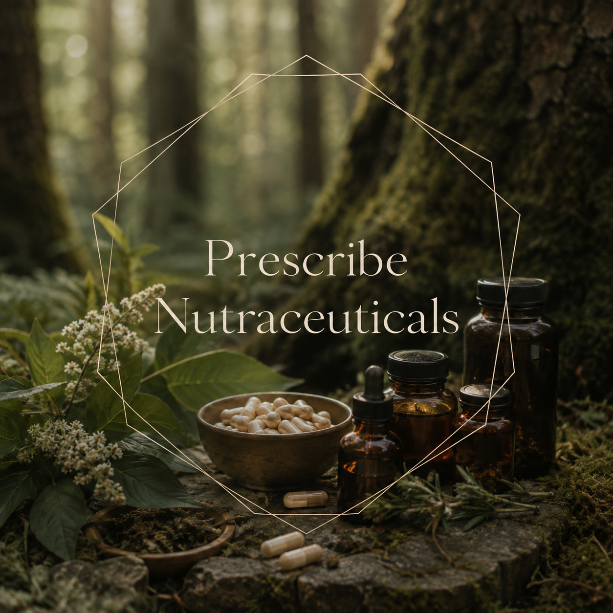 A forest scene with medicinal bottles, capsules, and herbs, with the text 'Prescribe Nutraceuticals' overlaying the image.