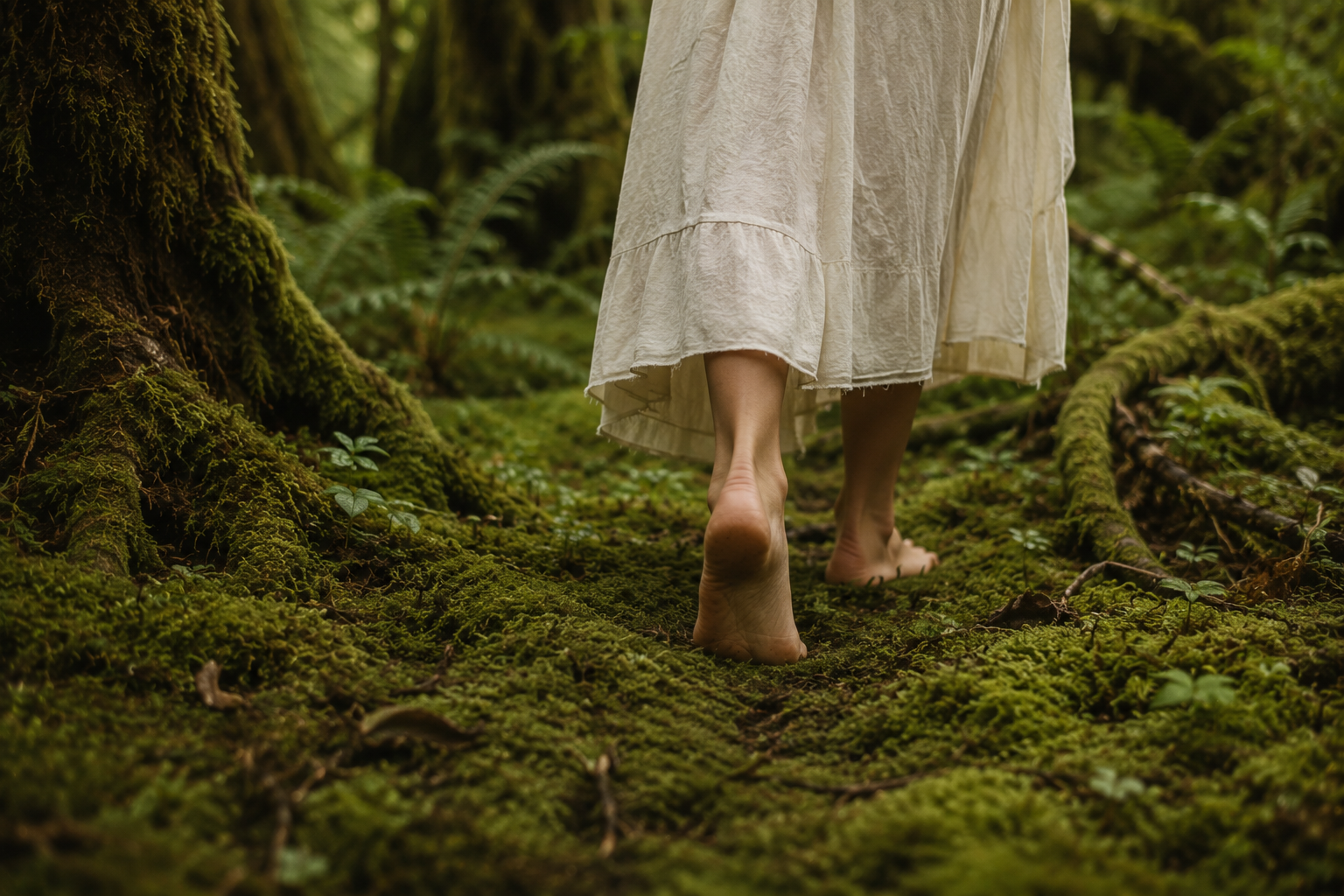 A person walking barefoot through a moss-covered forest, wearing a long, flowing beige dress.