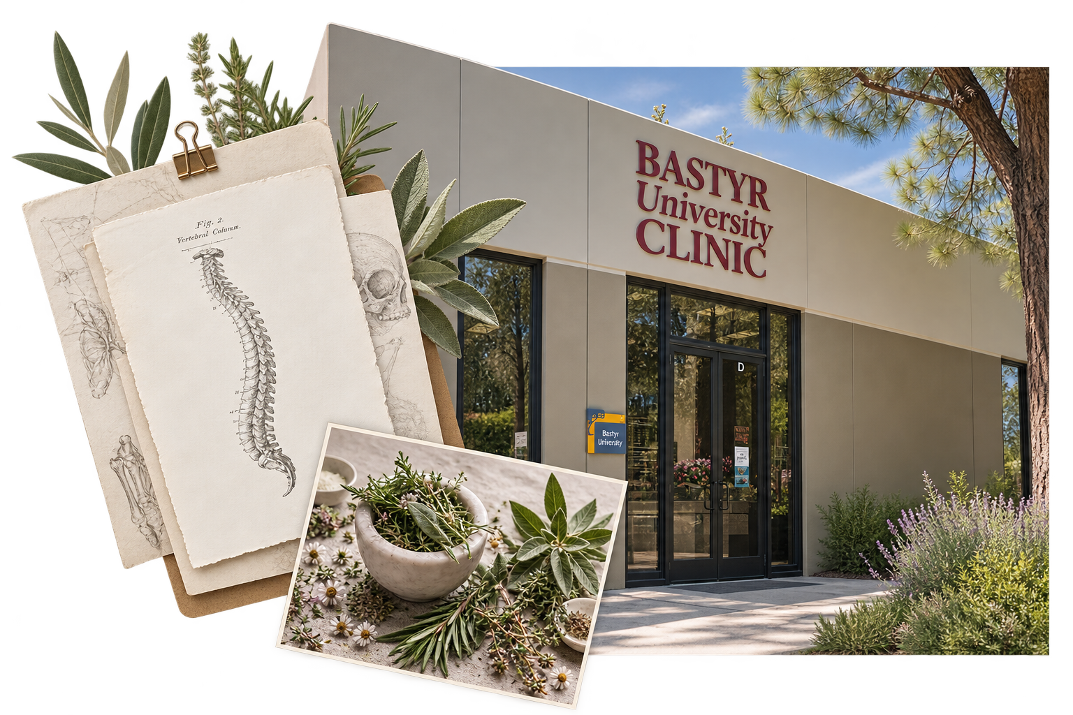 A collage featuring scientific drawings of a vertebral column, herbs, and plants in a mortar, overlaid on a photo of the Bakytor University Clinic building with greenery and trees outside.