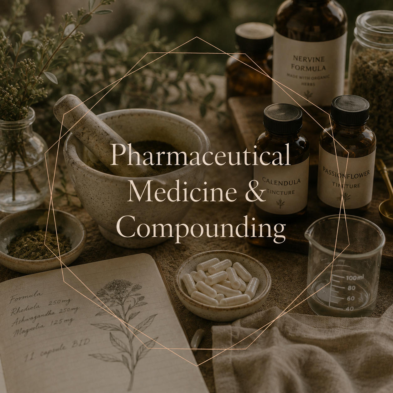 Arrangement of herbal medicine bottles, dried herbs, a mortar and pestle, capsules, a measuring beaker, and handwritten herbal formula notes on a table, emphasizing pharmaceutical medicine and natural compounding.