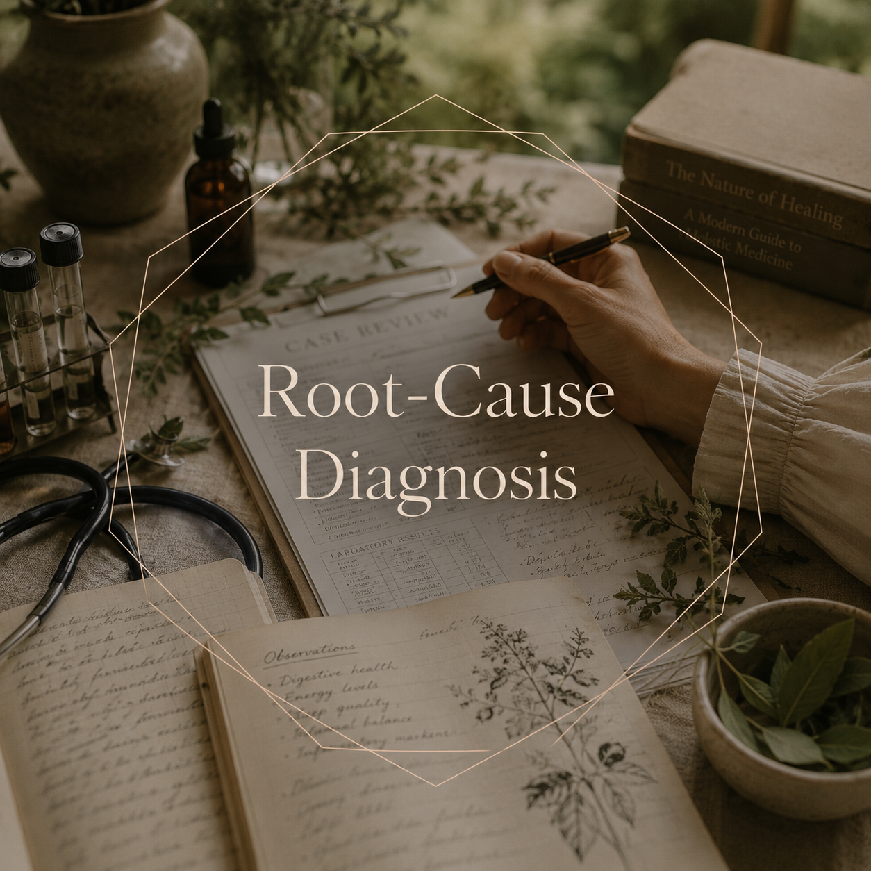 A person writing on a medical case review form at a wooden desk, surrounded by plants, books, test tubes, and a stethoscope, with the text "Root-Cause Diagnosis" overlaid on the image.