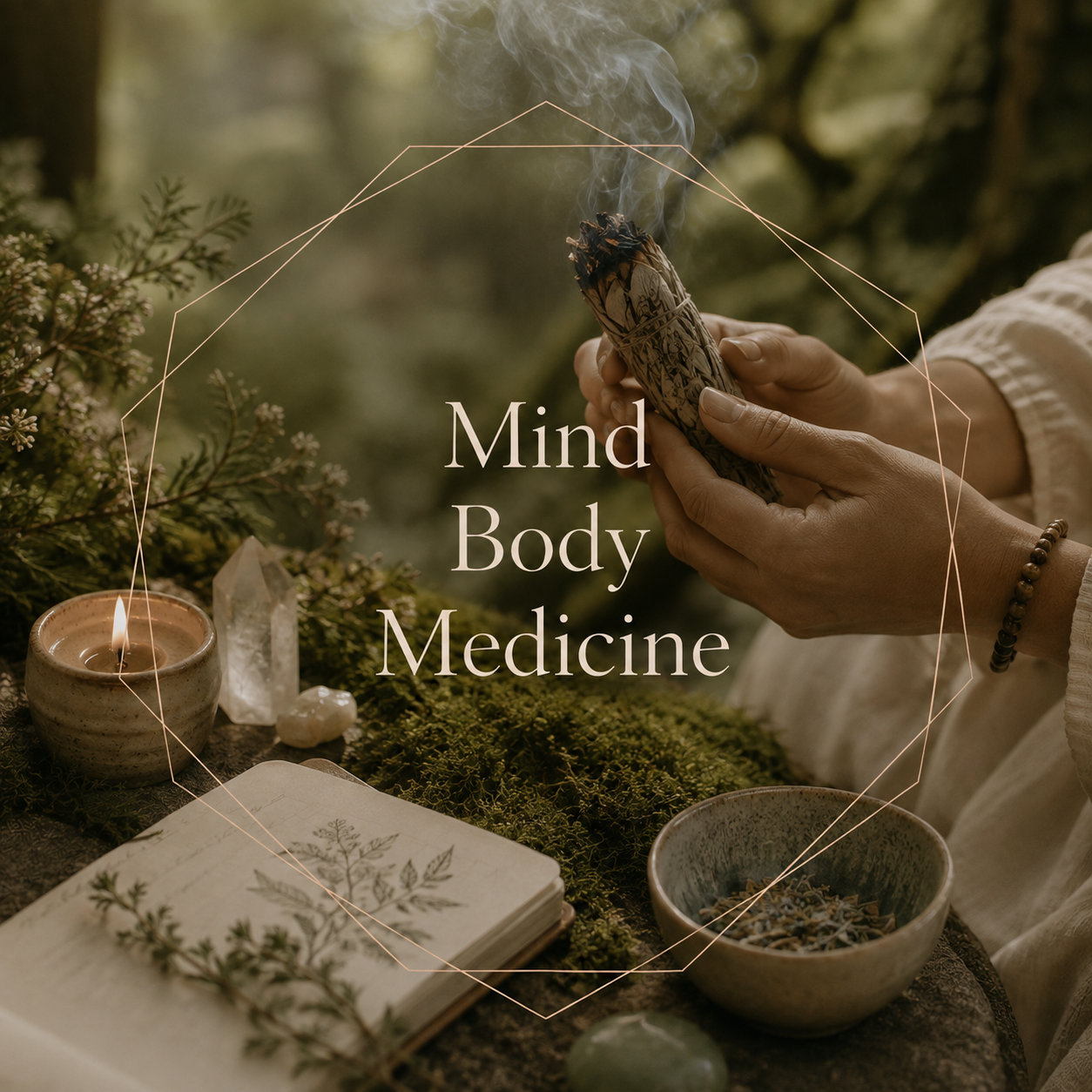 A person holding a smoldering sage bundle surrounded by candles, crystals, and herbal items on a mossy surface in a forest setting, with text 'Mind Body Medicine' overlaid.