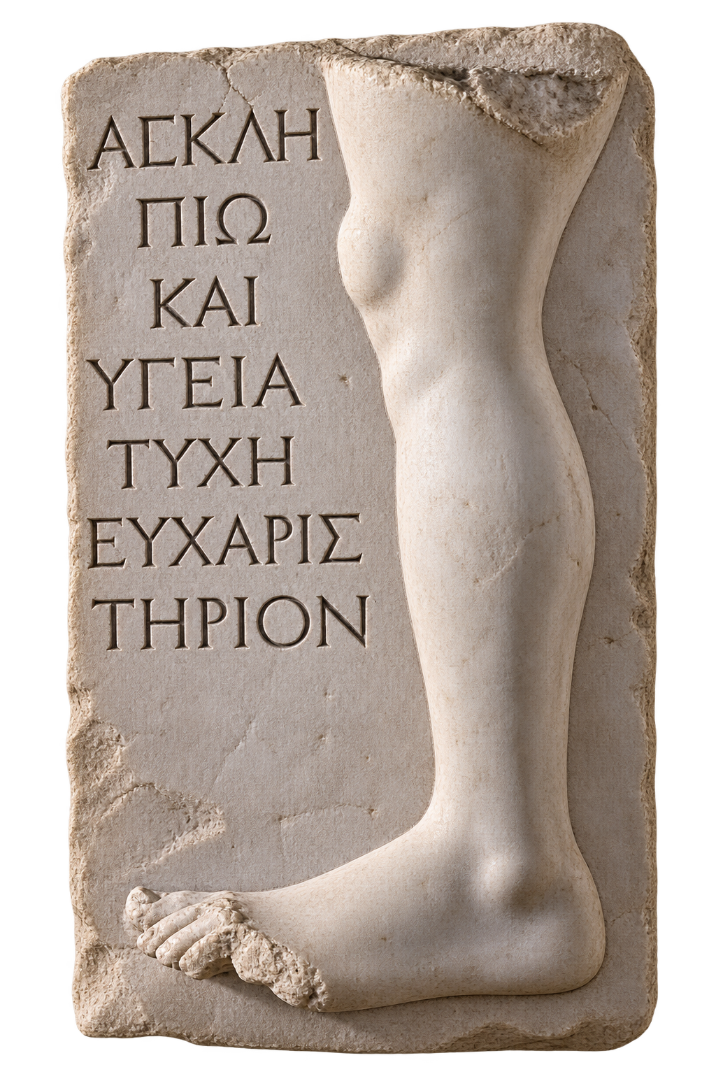 Ancient Greek marble relief with a partially preserved female torso on the right and Greek inscription on the left.
