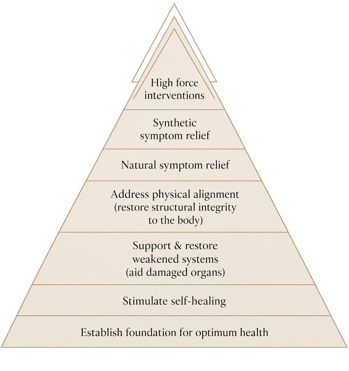 A pyramid diagram illustrating a health optimization model, with levels labeled from bottom to top: establish foundation for optimum health, stimulate self-healing, support & restore weakened systems, address physical alignment, natural symptom relief, synthetic symptom relief, and high force interventions.