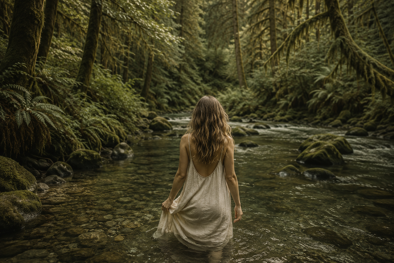 Woman with long curly hair in a beige dress wading into a creek in a lush green forest.