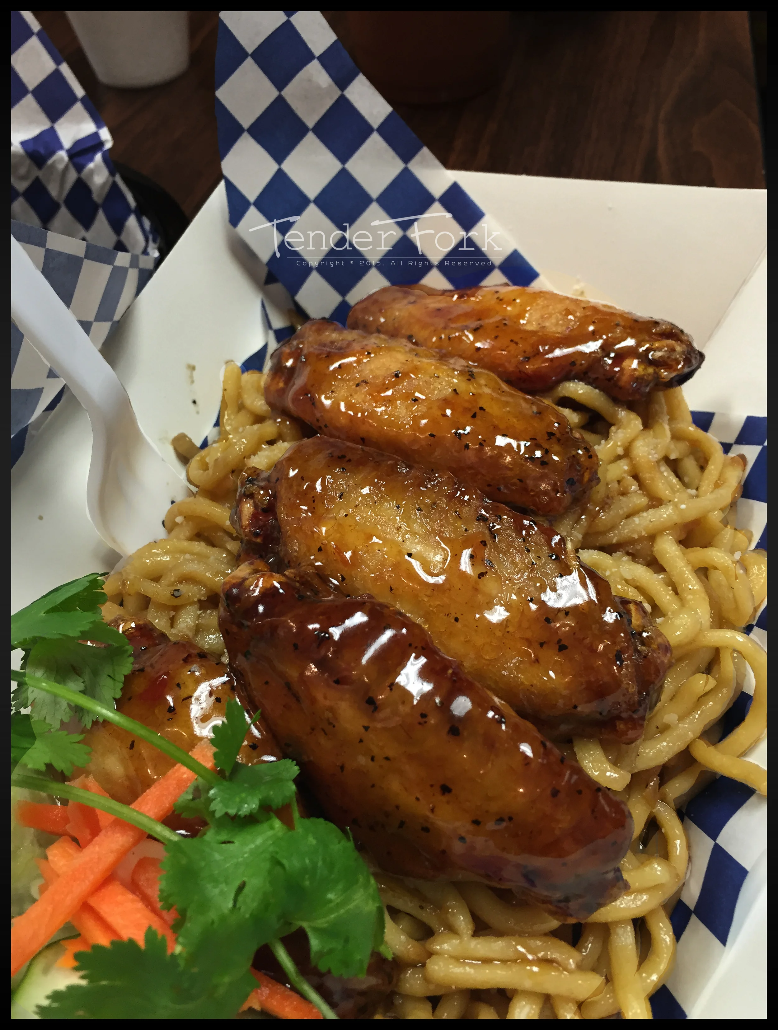 Garlic Noodles w/Candy Chicken Wings