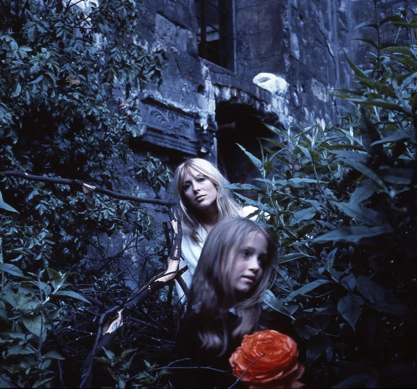 Tina and Joan, bombed church near St Pauls, London 1967