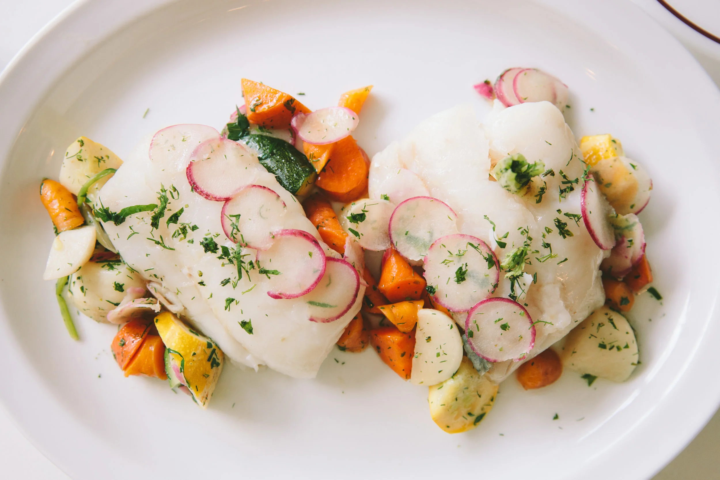 Local hake, and the best of what the New England farmers have to offer. With brown butter, and salt and vinegar chips.