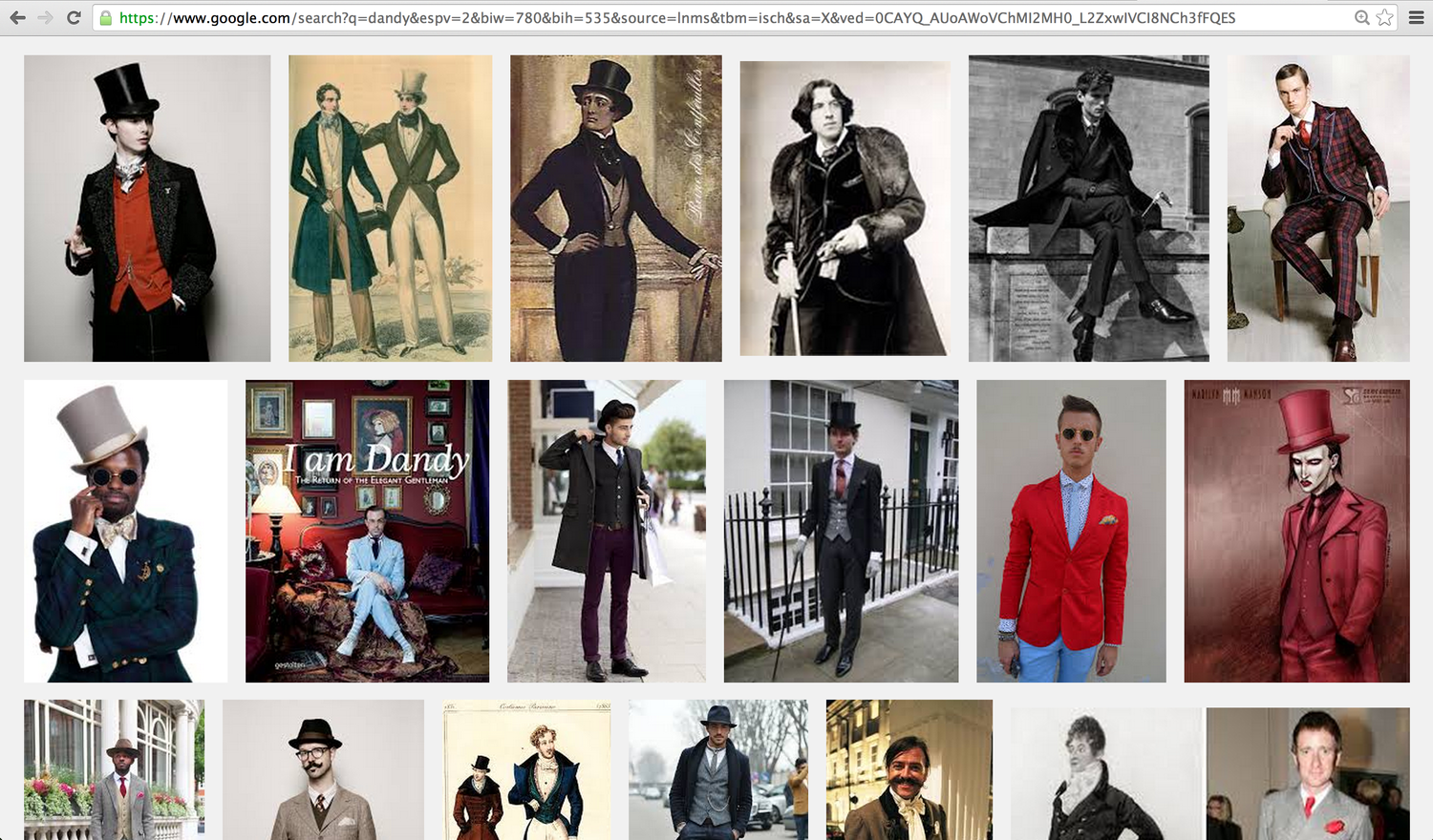 Captura de pantalla de los resultados de la búsqueda de imágenes en Google de la palabra "dandy".