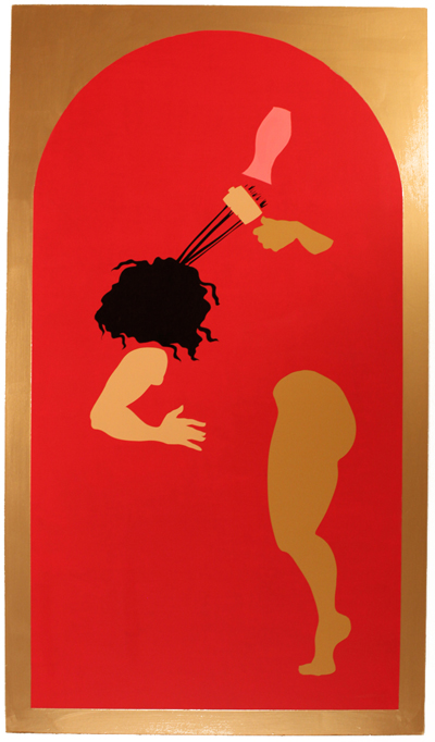 Cabeza Bonita Aguanta Halones, pintura acrílica y pintura de 14 k de oro sobremadera contrachapada, 2014.