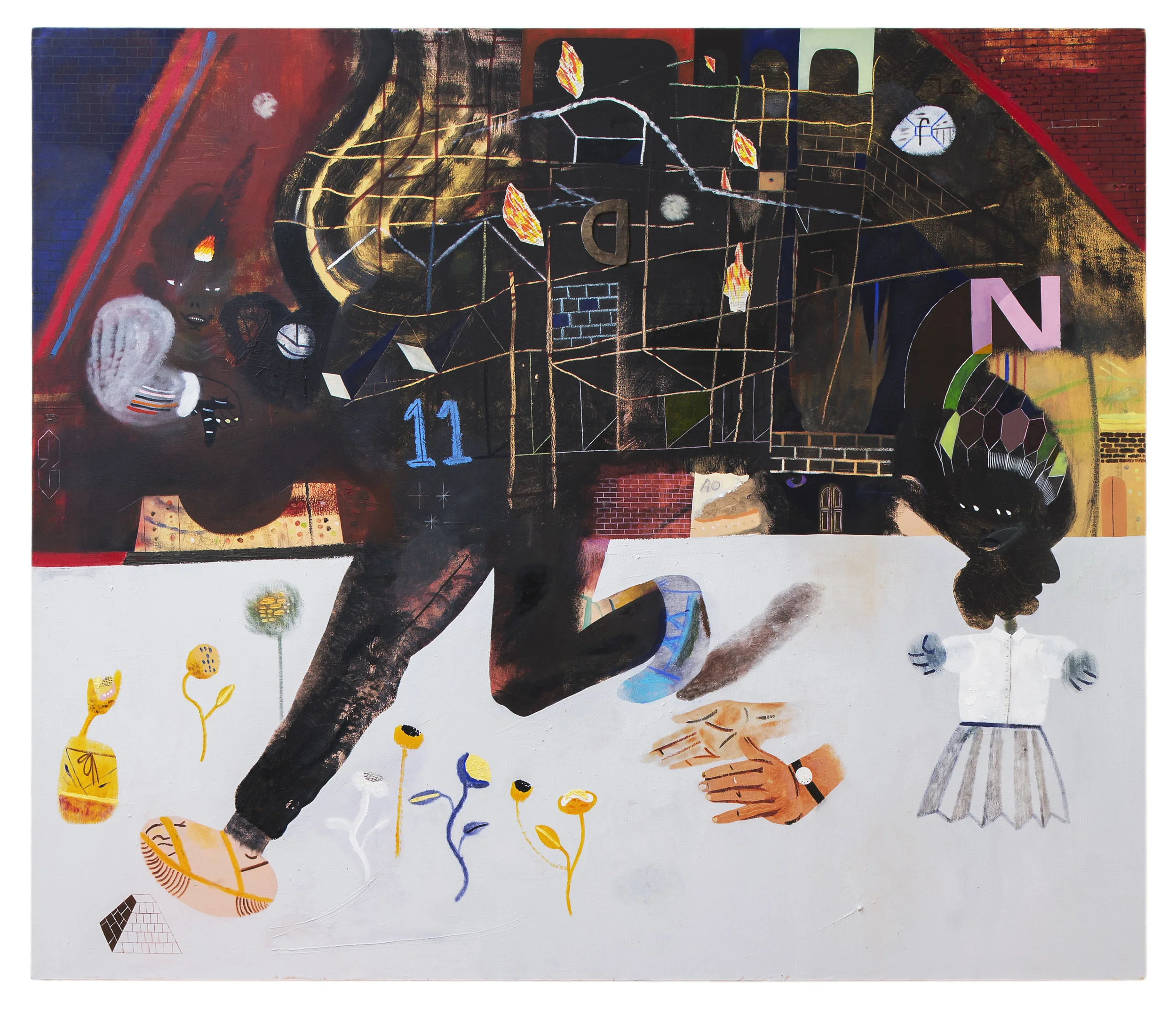 The Fire Next Time. 2014. Óleo, acrílico, pastel, lápiz de color y collage sobre canvas, 60 x 70 pulgadas.