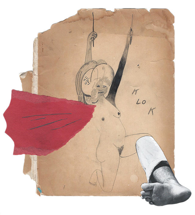 Victory with Jasper Johns Foot, grafito y collage sobre portada de libro, 8 x 7.5 pulgadas.