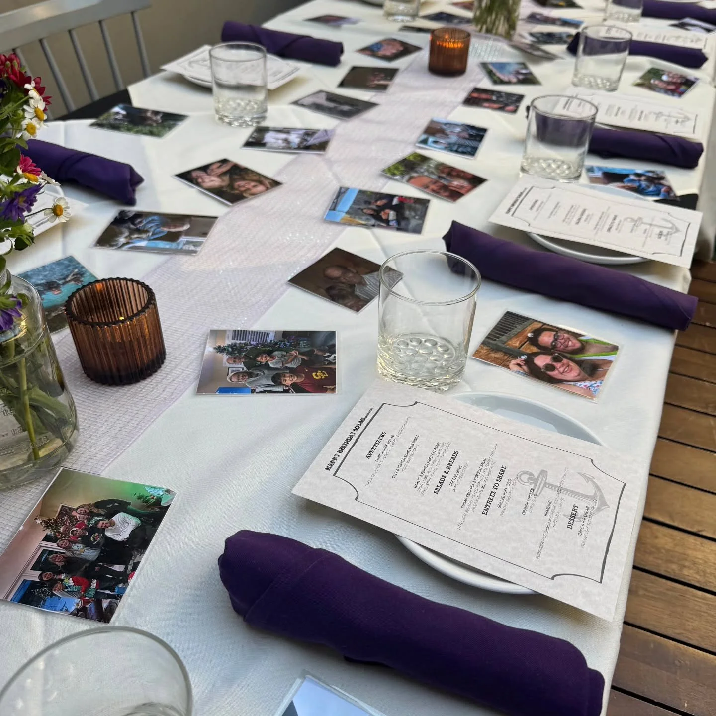 PICNIC TABLE PATIO SURPRISE BIRTHDAY BUYOUT FOR 30PPL.
Celebrating Susan and Ron!! Their 101st visit with us - we have receipts
EXTRA ADDITIONS:
- SPECIAL ORDERED, PURPLE SILVERWARE NAPKINS
- AMBIENT LIGHTING (THEY CHOSE PURPLE)
- TABLECLOTHS -