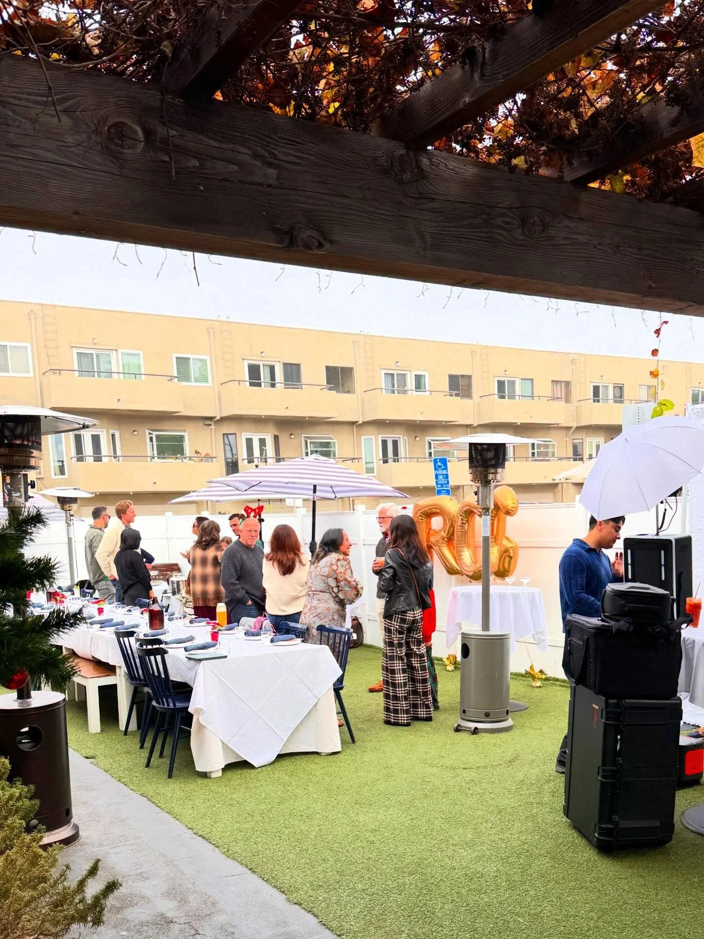 FRONT PATIO, Holiday company Party 36ppl.

They brought the Photo Booth for their event outside 
Other Add-Ons /Extras: Tablecloths , Special Canva Template Menu (that they sent to us to be made), extra time to decorate, Champagne Tower. 

#largepart