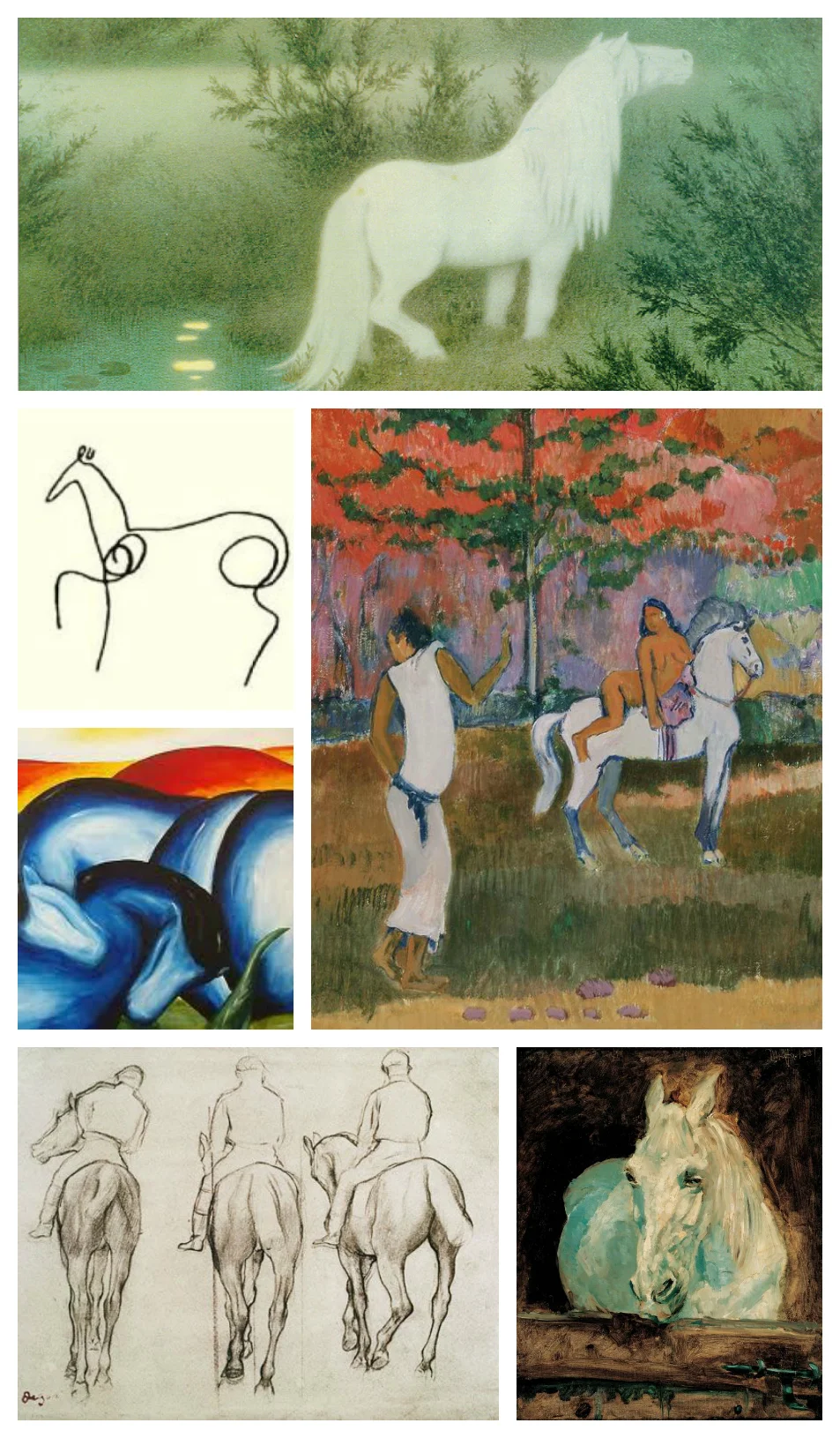 Artists from top: Theodor Kittelsen, Pablo Picasso, Paul Gaugain, Franz Marc, Edgar Degas and Henri de Toulouse Lautrec