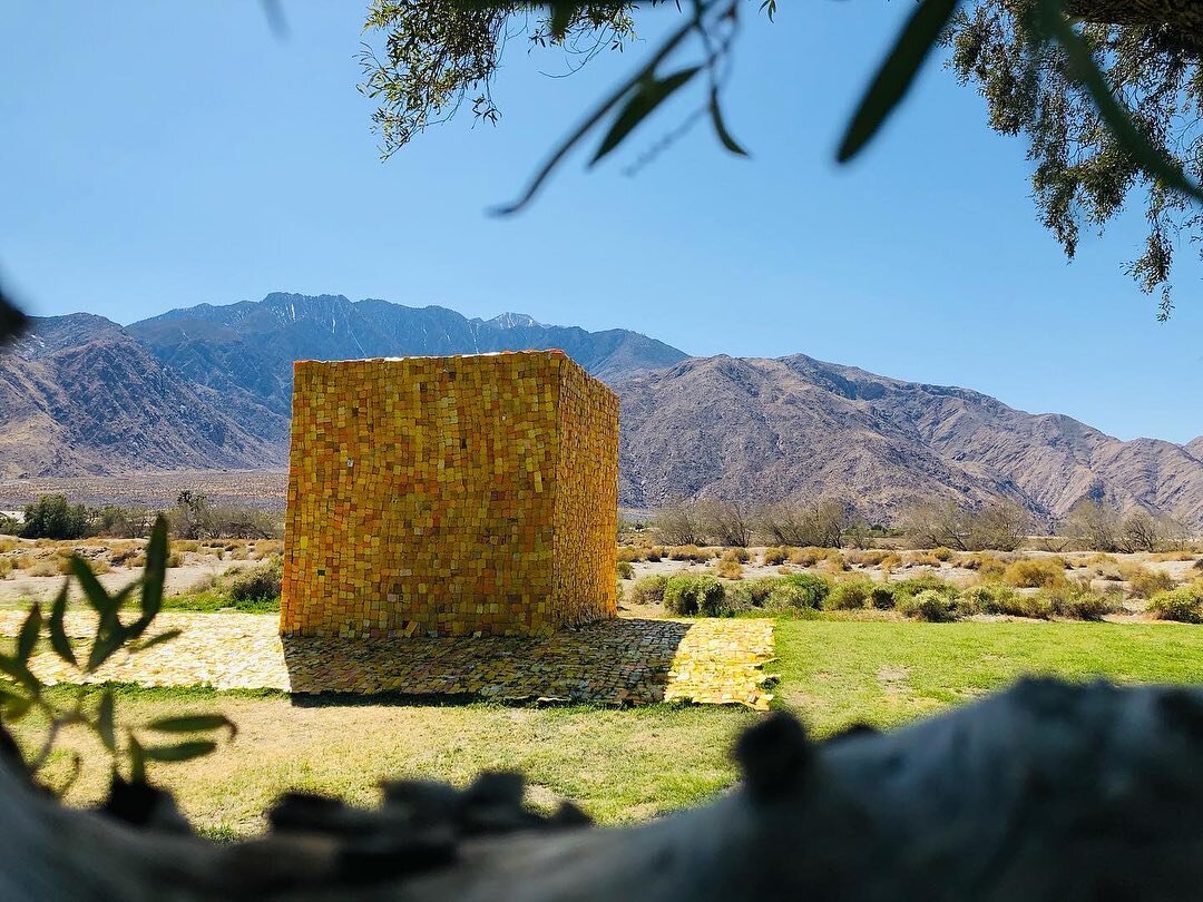 #thewishingwell A sculptural installation of large-scale cubes draped with sheets of woven pieces of yellow plastic Kufuor gallons used to transport water in Ghana. Coachella Valley&rsquo;s future is dependent on water. Just a friendly reminder. Nice