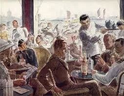 A watercolour of a cafe scene of the period